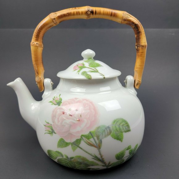 Aluminite Frugier Floral Tea Pot Bamboo Handle Vintage Limoges France EUC - Picture 1 of 12